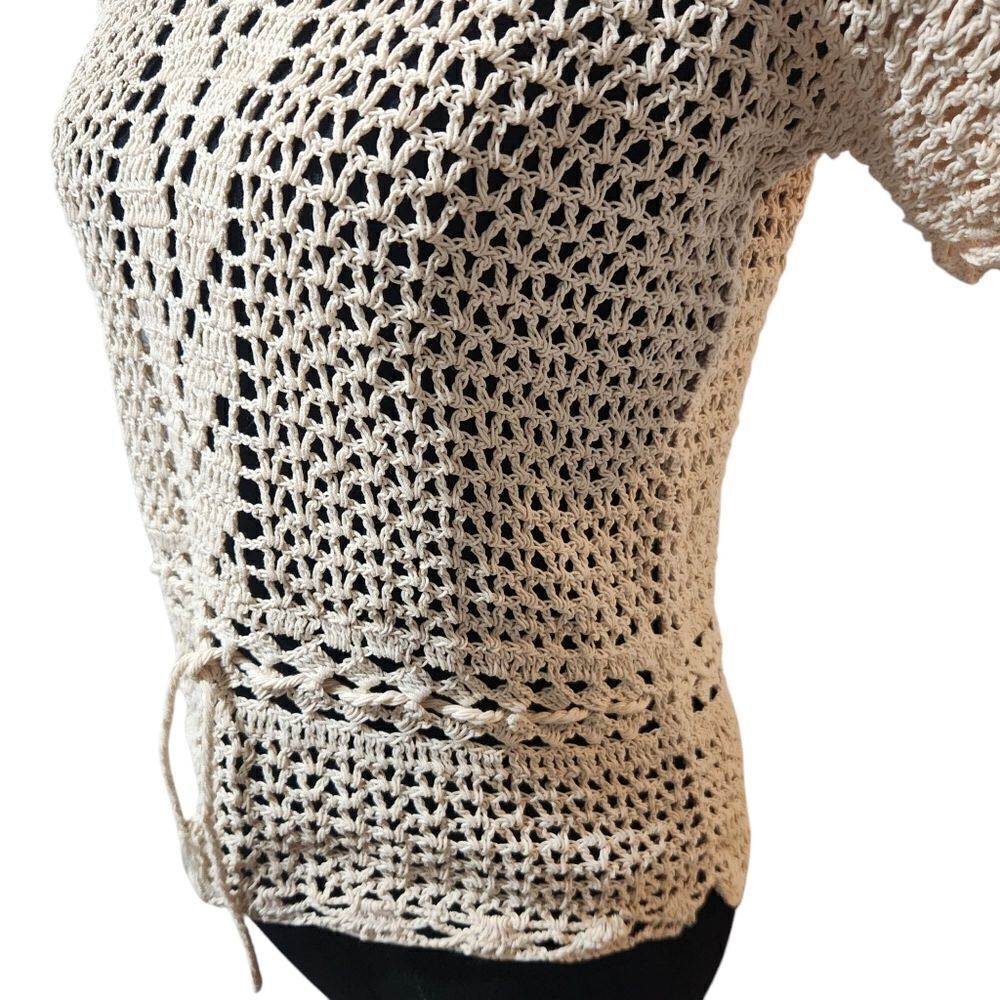Vintage Crochet Shirt S M Cardigan Ivory Ecru Doily Scallop Loose Weave V Neck - Picture 6 of 10